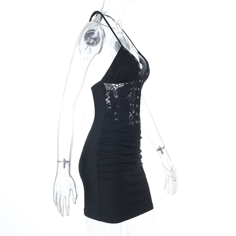 Women Summer Sexy Lace V-Neck Backless Lace-Up Strap Dress 3