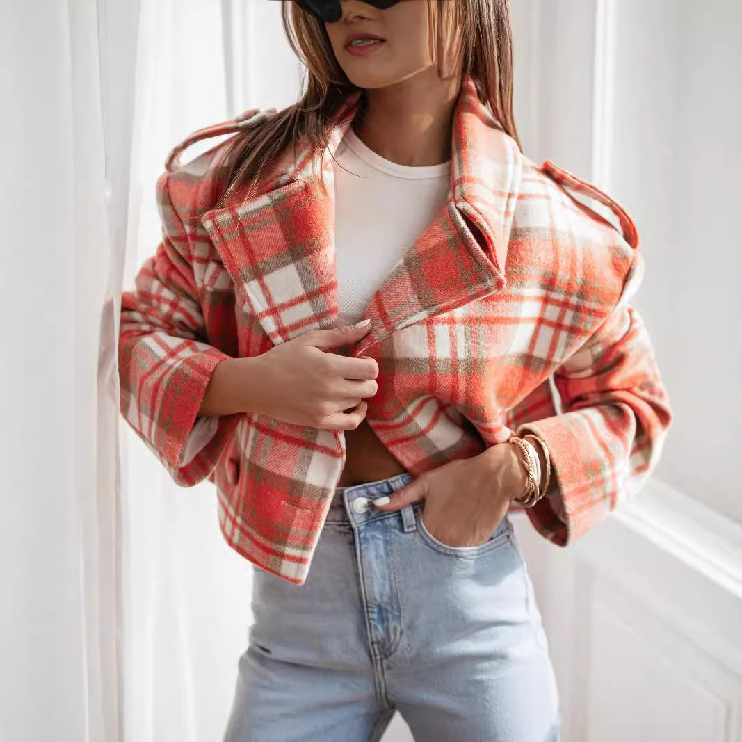 Women Fall/Winter Turndown Collar Plaid Print Jacket 5