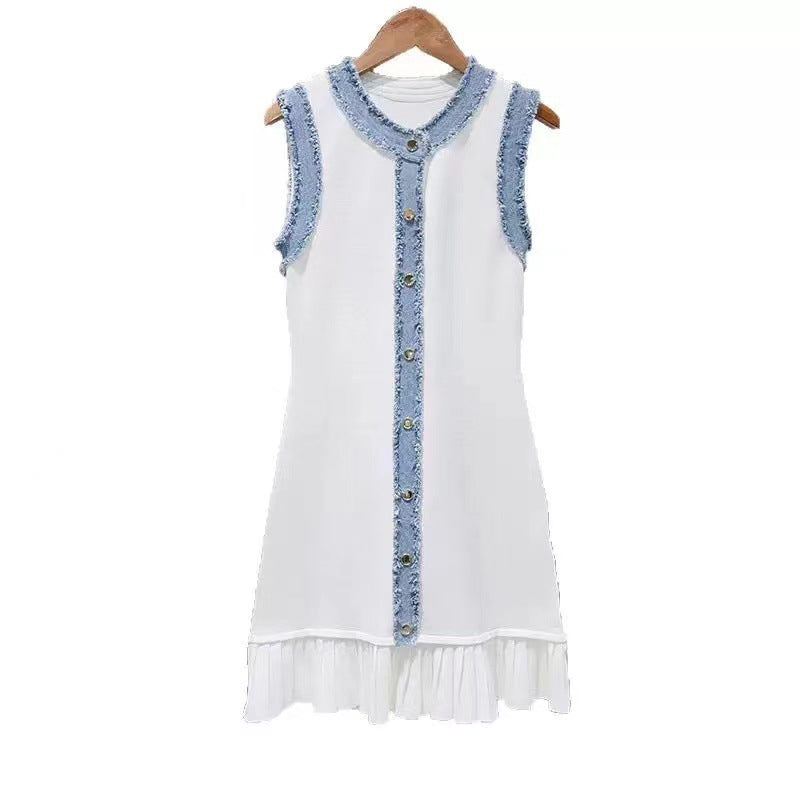 Women's Denim Trim Knit Short Sleeve Sleeveless Dress 10