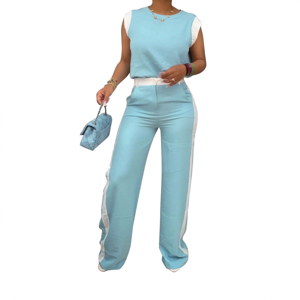 Women Casual Summer Contrast Short Sleeve Top and Wide Leg Trousers Two-Piece Set 7