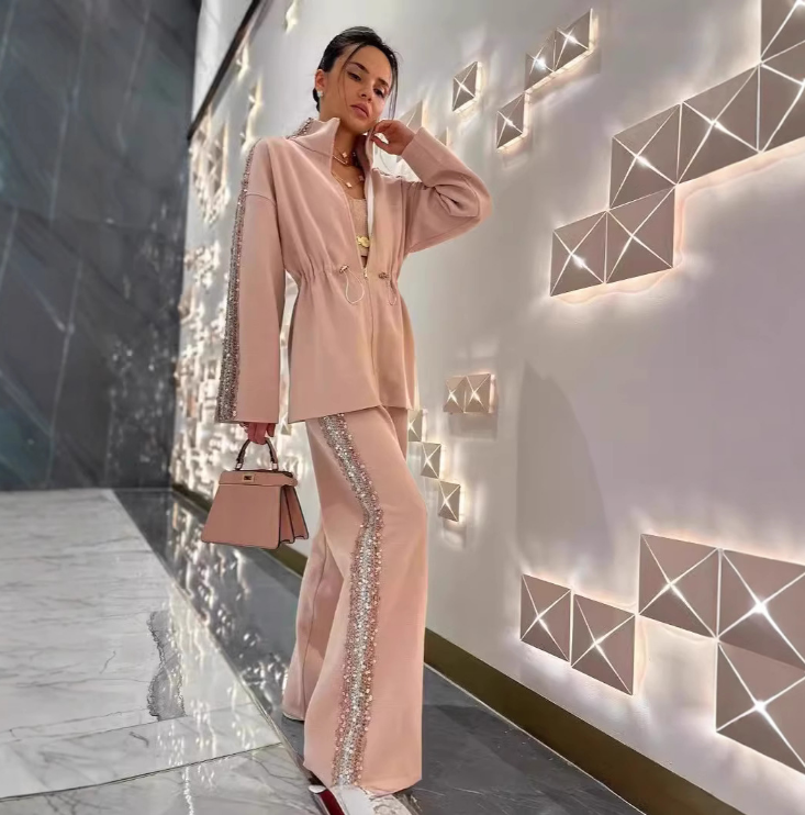 Autumn Fashion Drawstring Slim Waist Top Wide Leg Trousers Two-Piece Set 3