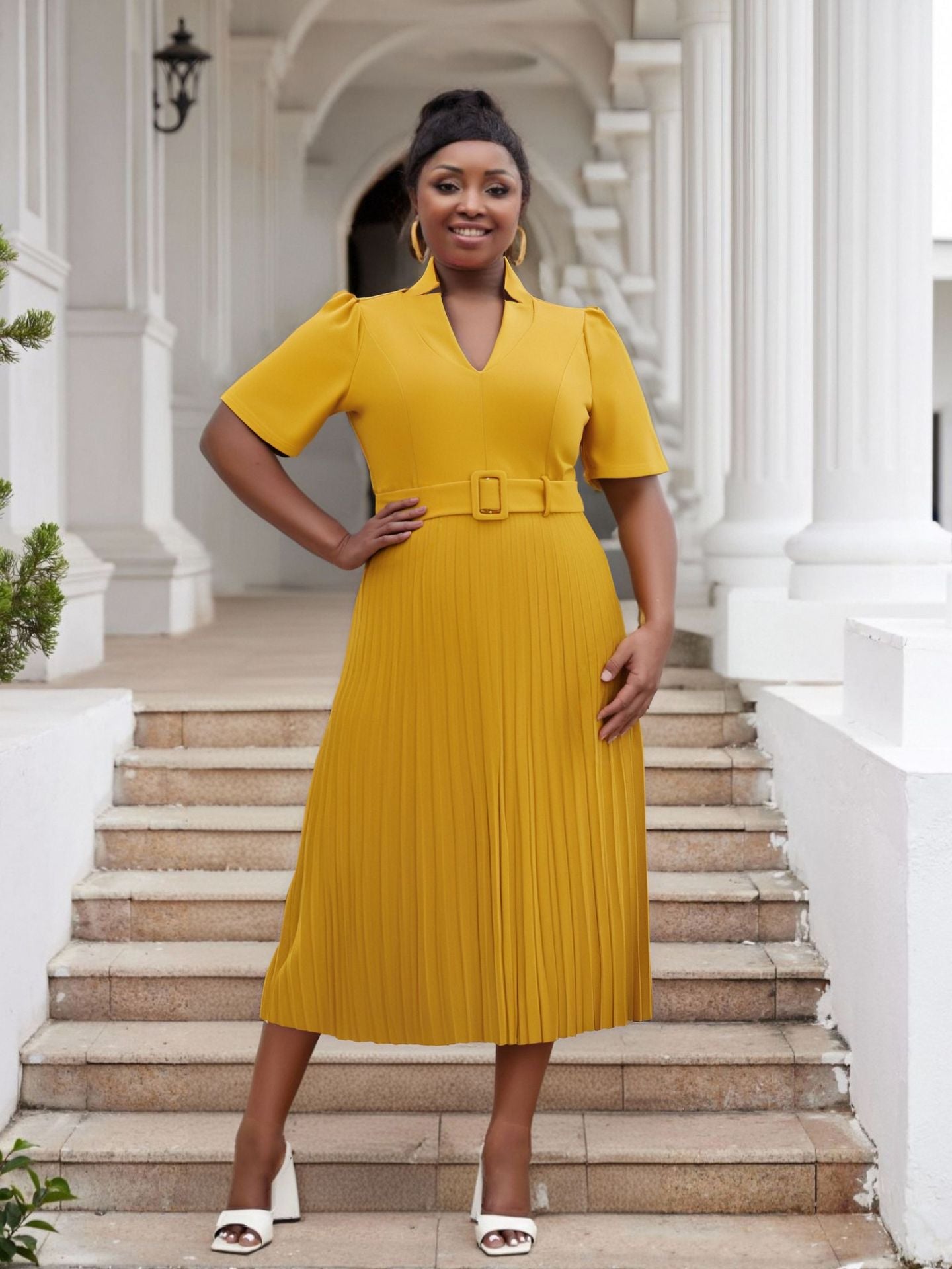 Plus Size Women's Office Summer Short Sleeve Fashion V-Neck High Waist Chic Pleated Long Dress 12