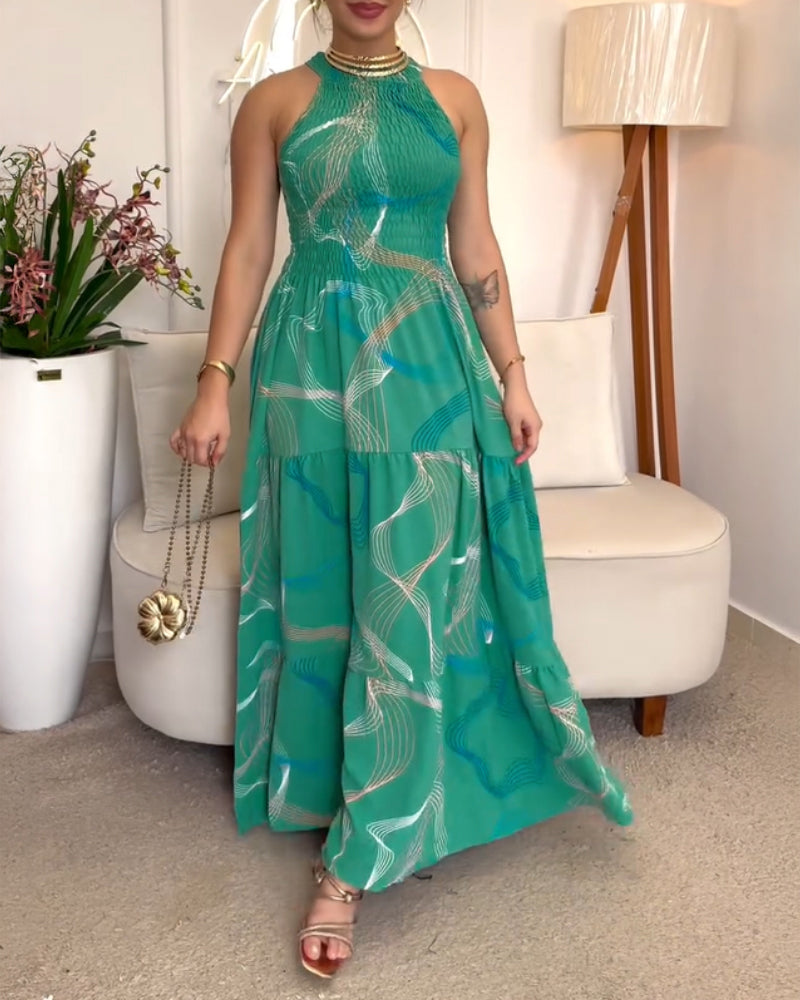 Fashion Halter Neck Sleeveless Slim Waist Print Maxi Dress 3