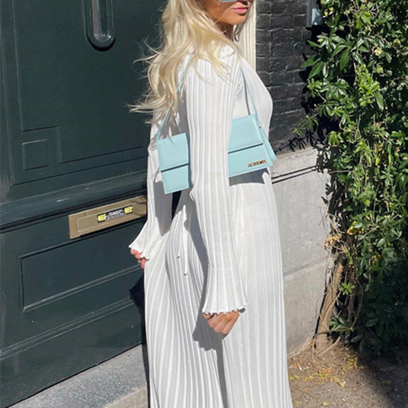 Autumn And Winter Casual Slim Waist V-Neck Wide Ribbed Slim Fit Knitting Long Dress For Women 8