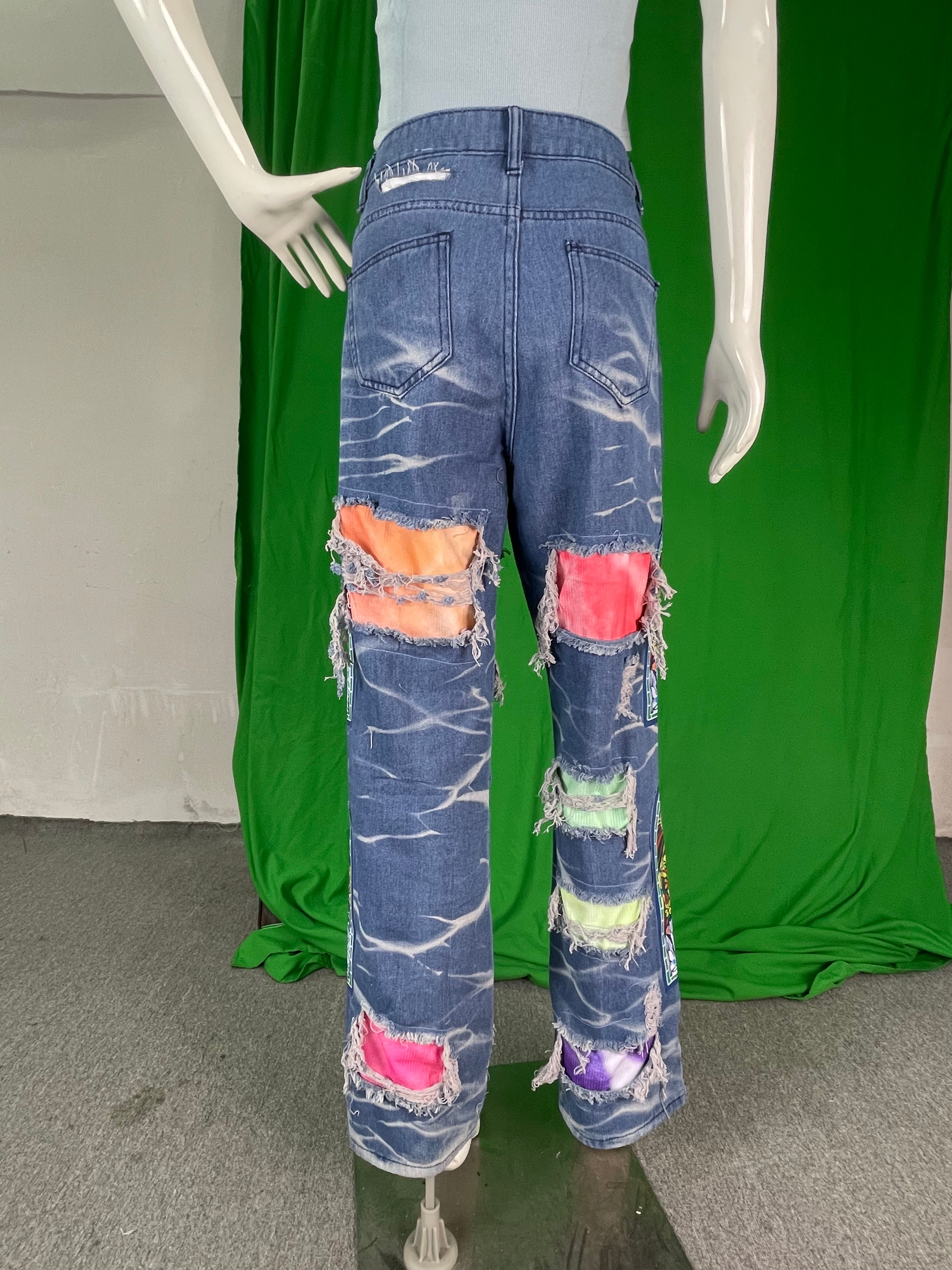 Women Printed Ripped Casual Denim Pants 7