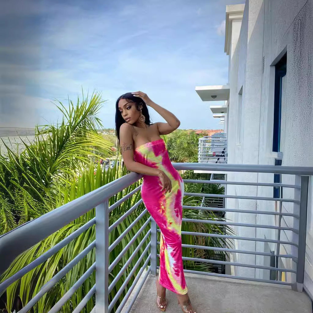Summer Women's Sexy Printed Strapless Chic Tight Fitting Printed Long Dress 6