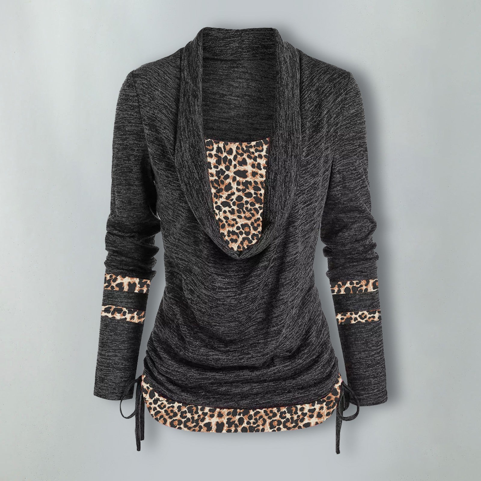Women Leopard Patchwork Long Sleeve Loose Pleated Top 8