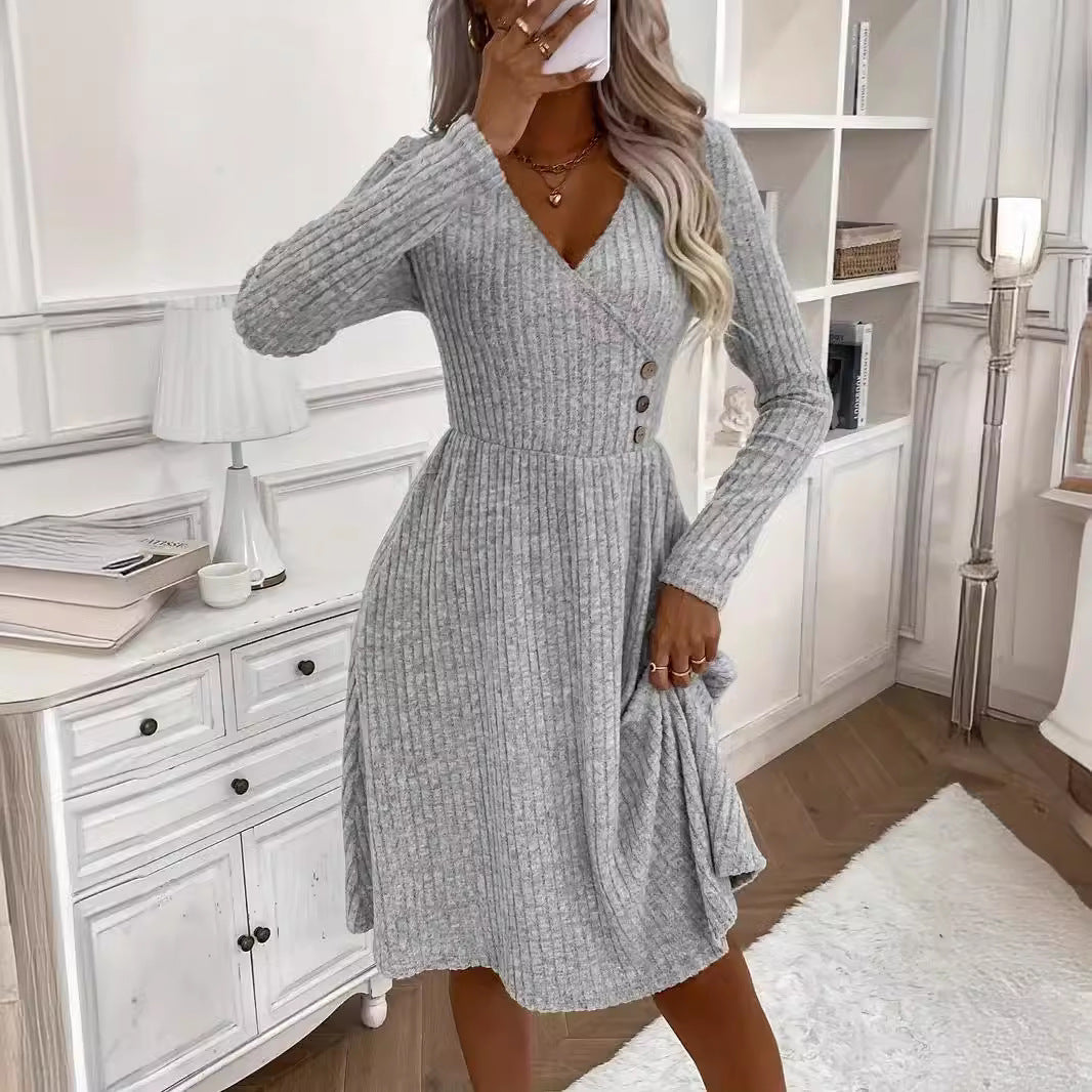 Autumn & Winter Fashion Chic Solid Color V-Neck Knit Dress 4