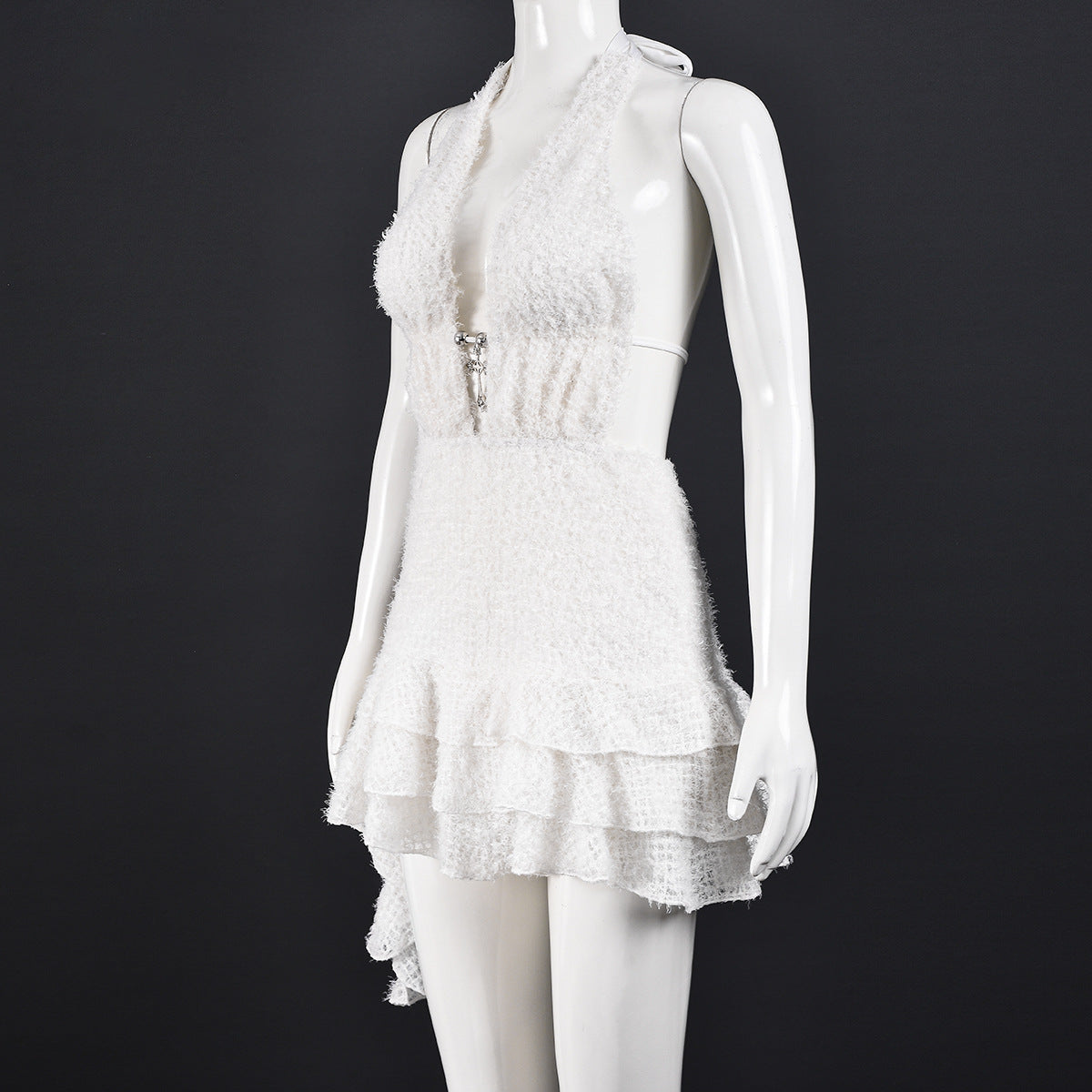 Women's V-Neck Cut-Out Tie-Up Lace-Up Low Back Fuzzy Mini Puffy Dress 6