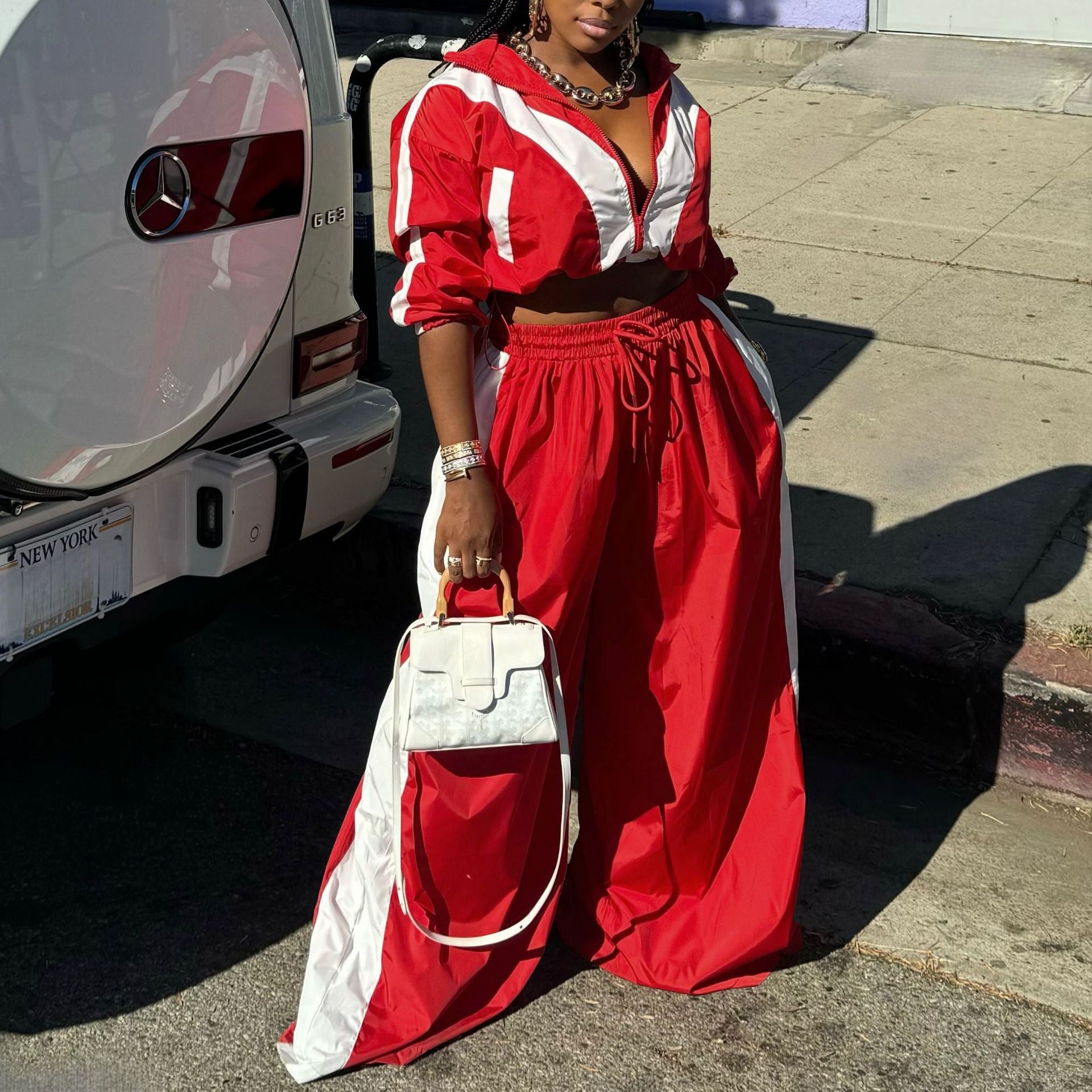 Women Sports Woven Colorblock Top and Pant Two Piece Set 4