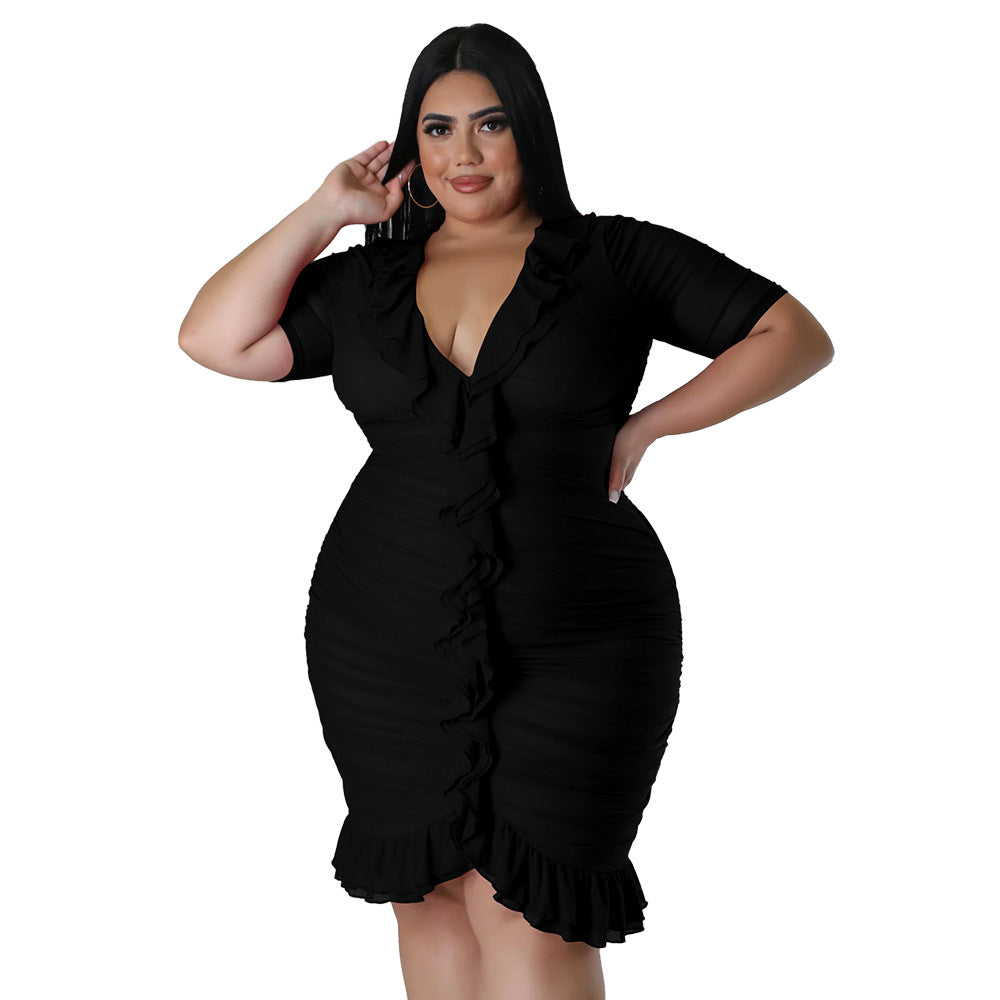 Plus Size Women'S Mesh Lining See-Through Double Layer Ruffle Sexy Dress
