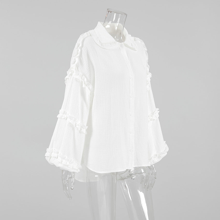 Women Spring and Summer Casual Turndown Clar Lantern Sleeve Career Shirt 9