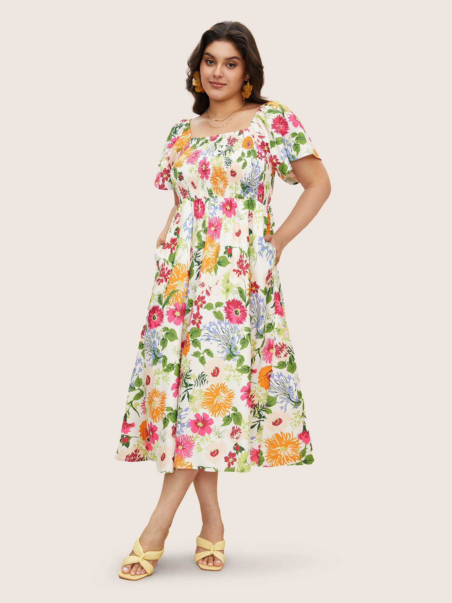 Plus Size Women Summer Square Neck Printed Maxi Dress