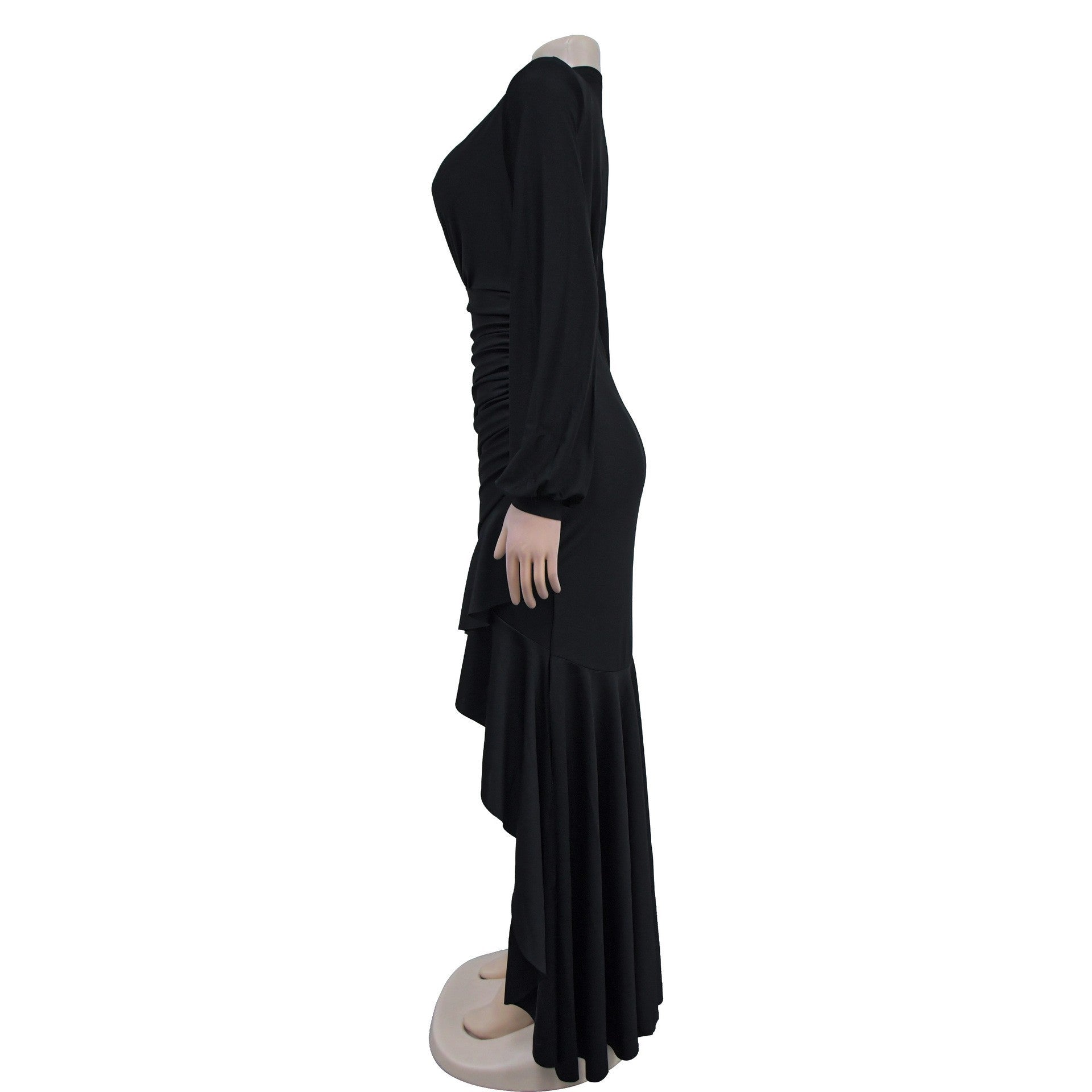 Women Elegant V-neck Slit Long Sleeve Solid Dress 15