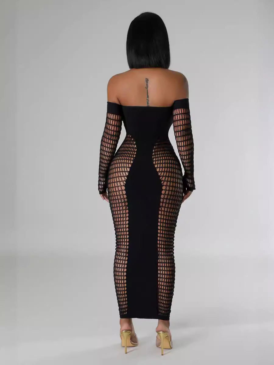 Off Shoulder Long Sleeve Stretch See Through Sexy Dress 7