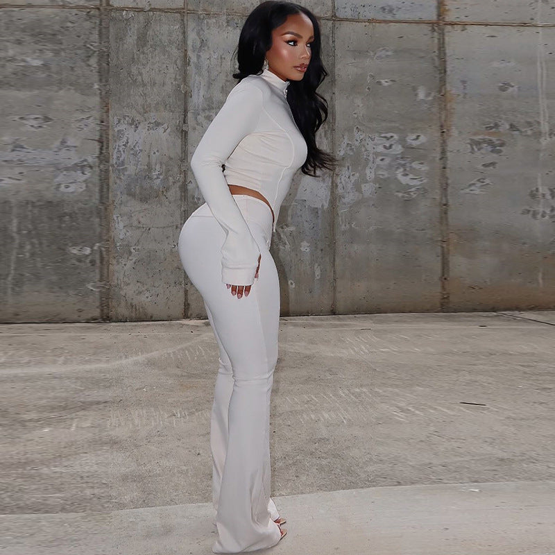 Women Pleated Zipper Solid Long Sleeve Stand Collar Crop Top and Long PantsTwo Piece Set