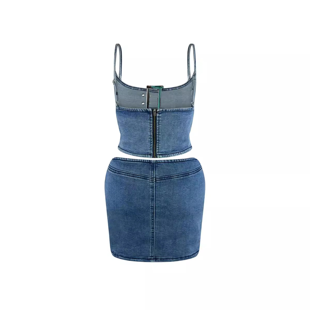 Women Adjustable Buckle Stretch Casual Denim Two-piece Set 4
