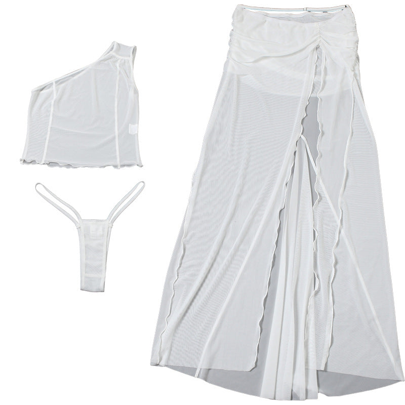 Women summer sexy one-shoulder mesh see-through top and skirt two-piece set 11