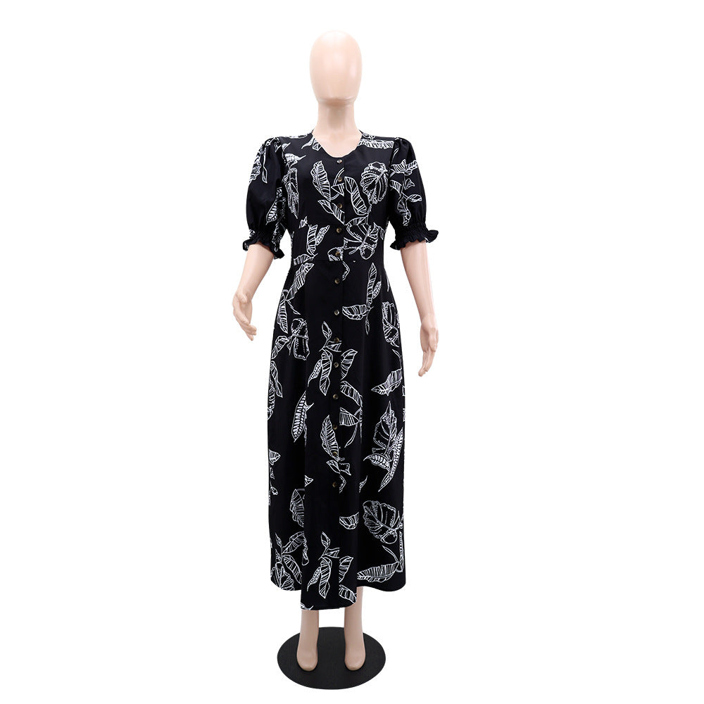 Women V-neck Cardigan Button Print Dress