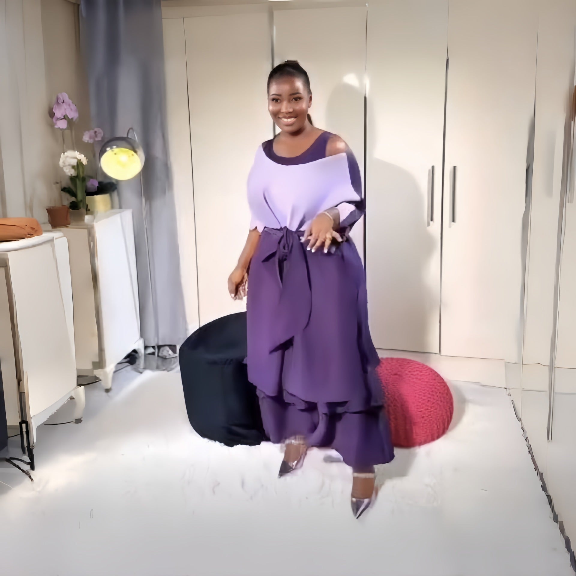 Africa Plus Size Contrast Color Round Neck Ruffle Fashion Two-Piece Dress Set