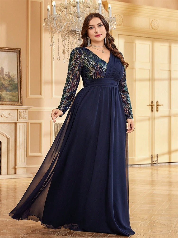 Plus Size Women sequin patchwork formal party fishtail maxi long sleeve evening dress 6