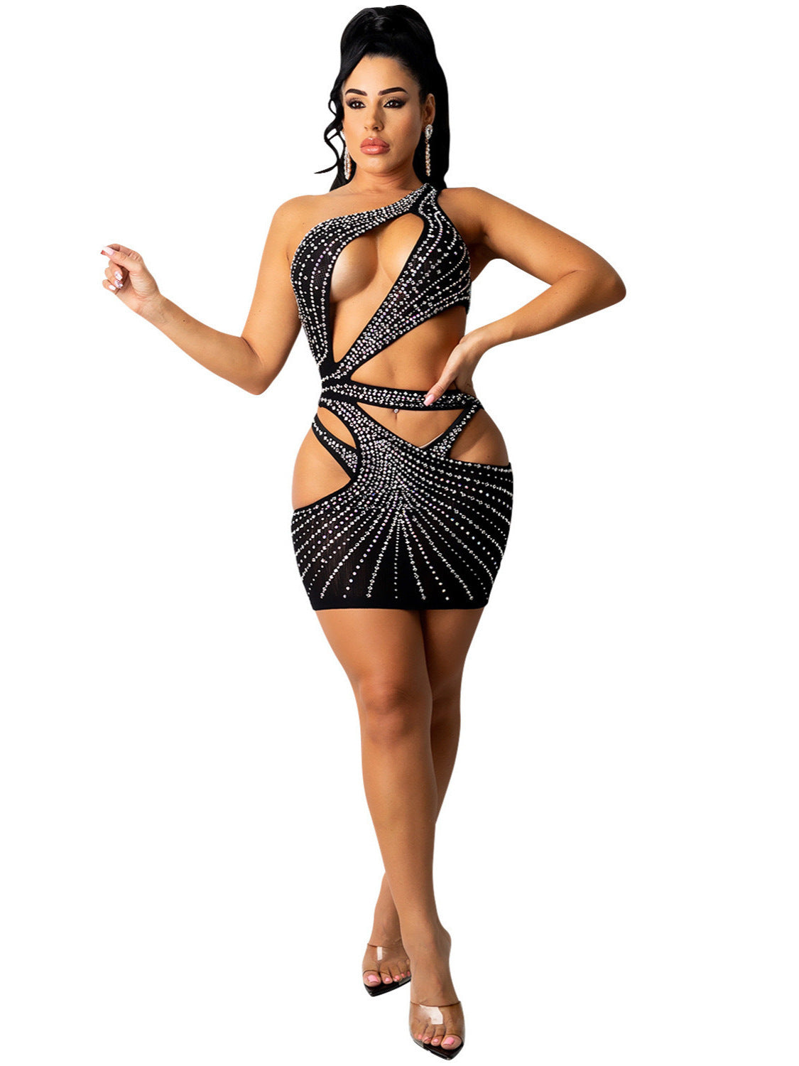 Women Solid Beaded one-shoulder hollow sexy dress 4