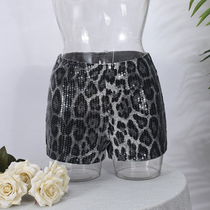 Sequin Women Leopard Elastic Waist Casual Shorts 19