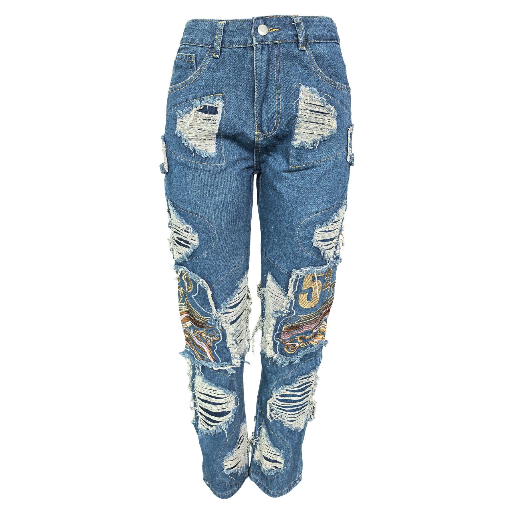Women Pocket Cargo Ripped Embroidery Straight Denim Pants 4