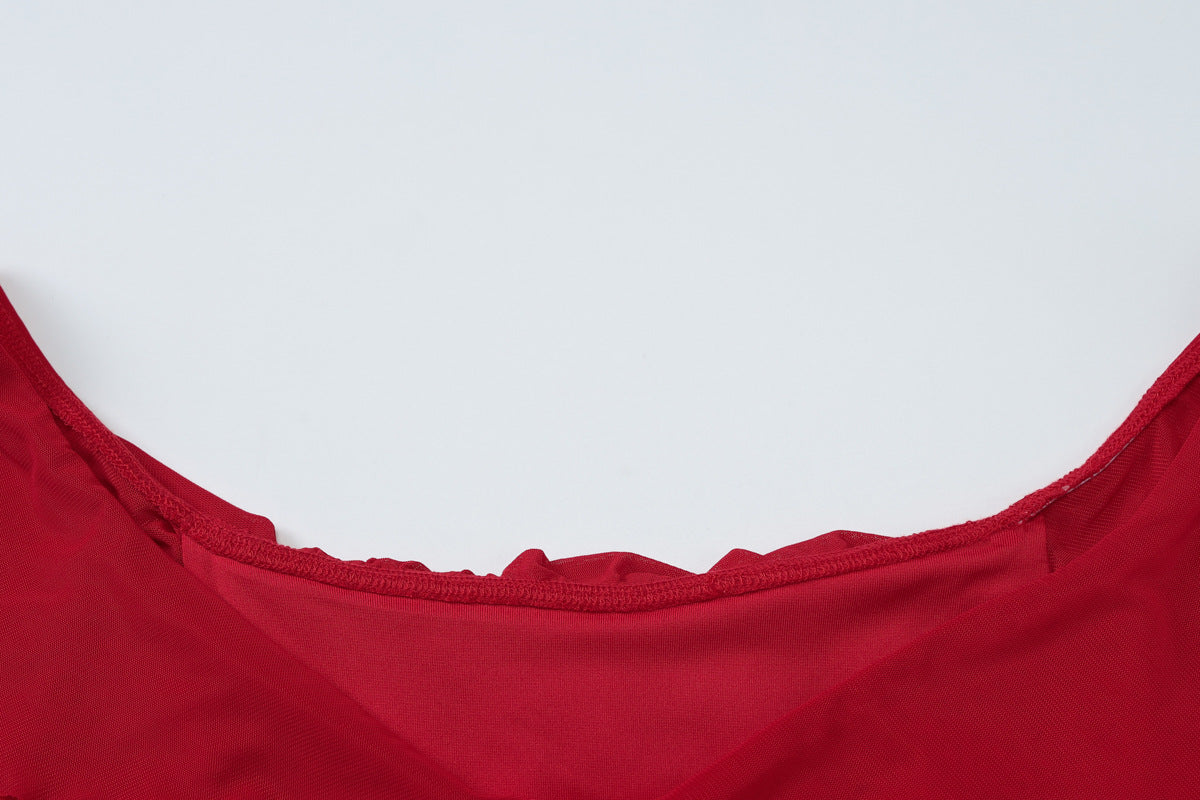 Women Solid sexy wrap chest Top and pleated layered mesh irregular Maxi Skirt two-piece set 9