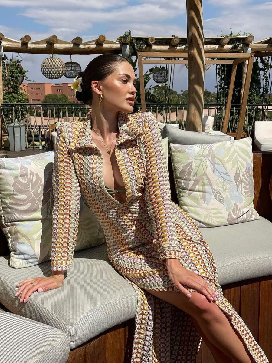 Women crocheted hollow low-cut V-neck slit long dress 5