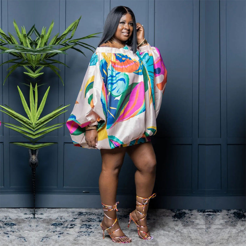 plus size off shoulder printed bat long sleeve loose dress 7
