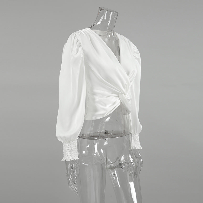 Women shiny satin long-sleeved v-neck crop shirt 10