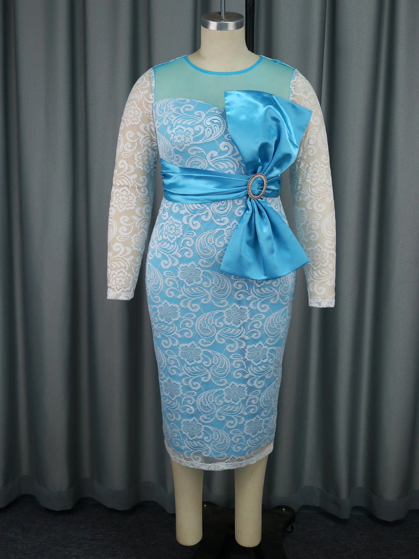 Sexy See-Through Lace Long Sleeve Formal Party Bow Evening Dresses 3