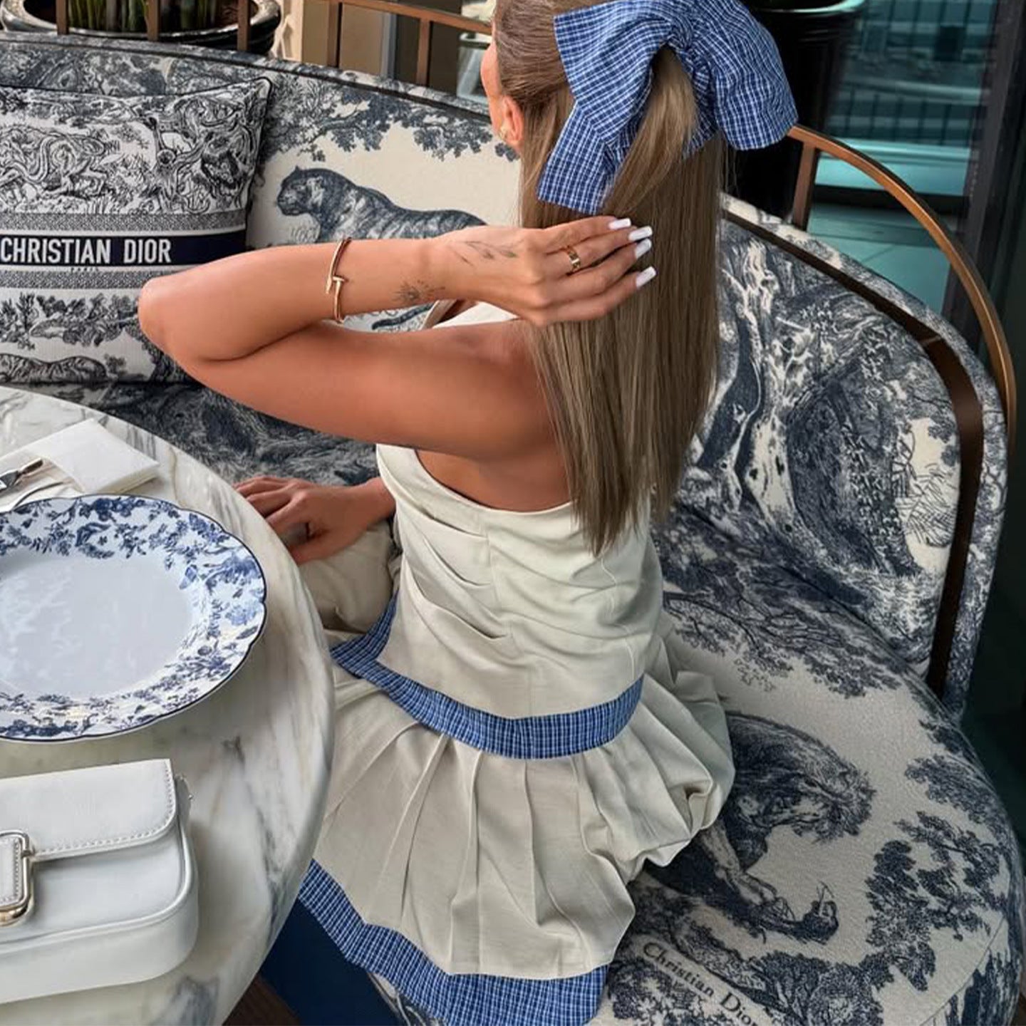 Women Summer Off-White and Blue Plaid Patchwork Halter Neck V-Neck Button Top and Skirt Two-Piece Set 4