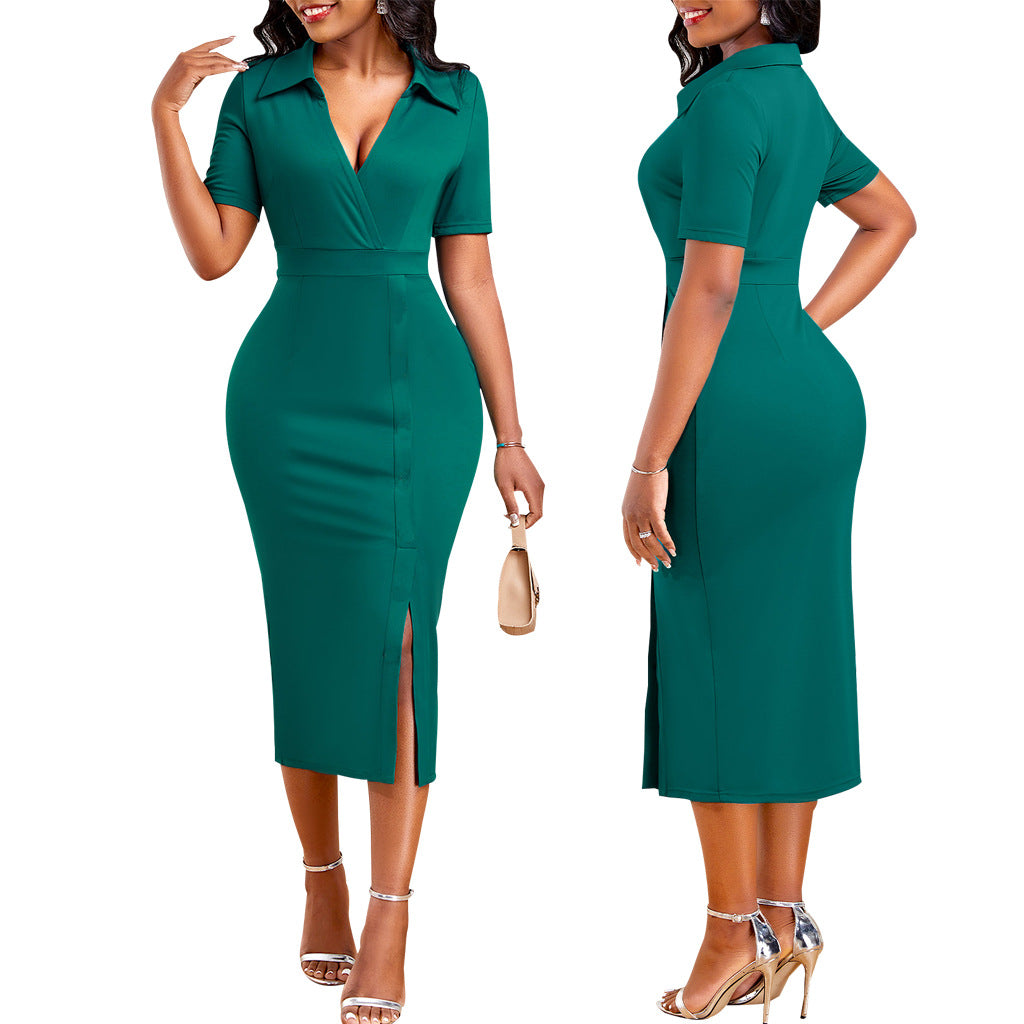 Women Solid Lapel Slit Half Sleeve Dress 5