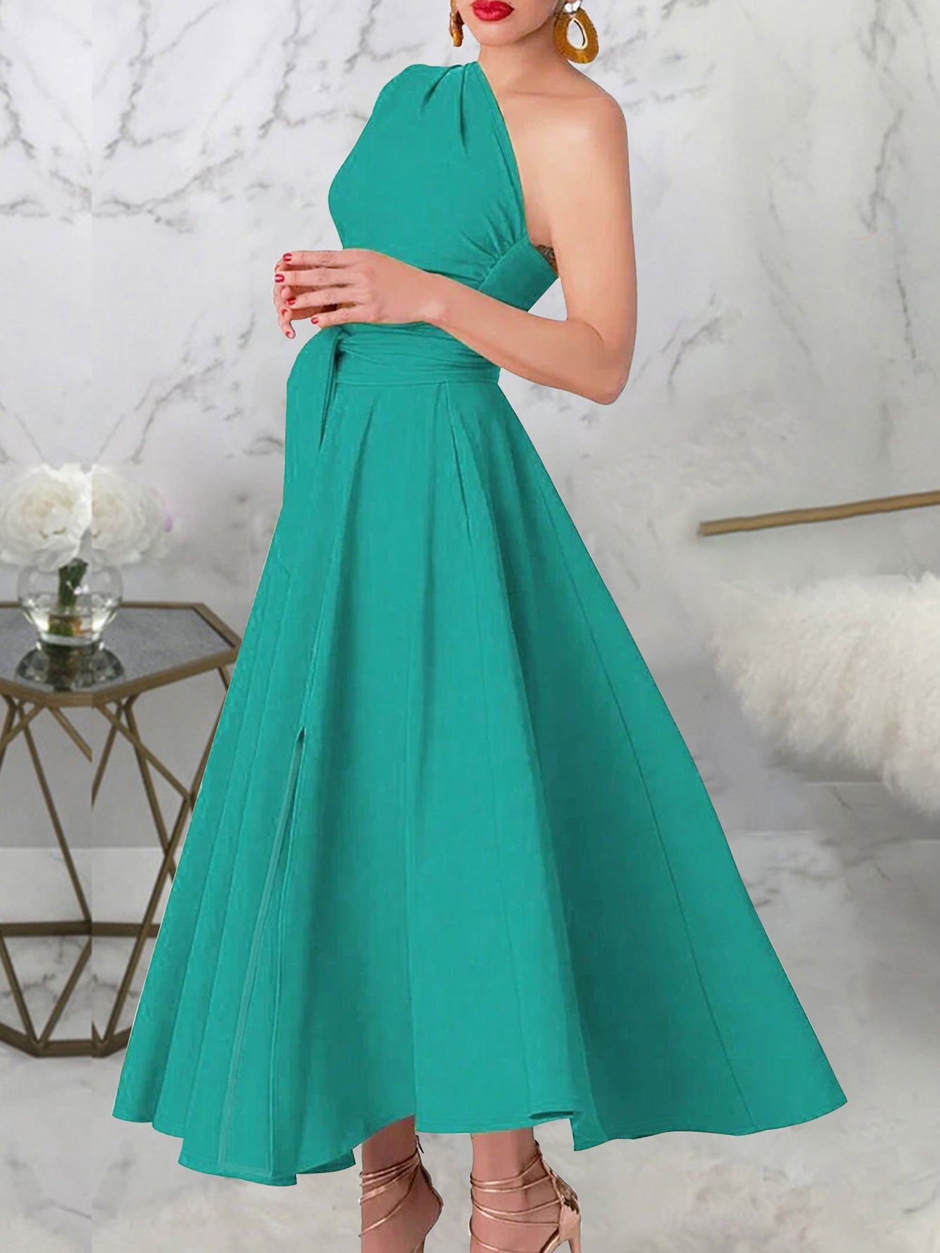 Women's Fashion Elegance Slash Shoulder Slit Solid Color Belt Long Dress 3