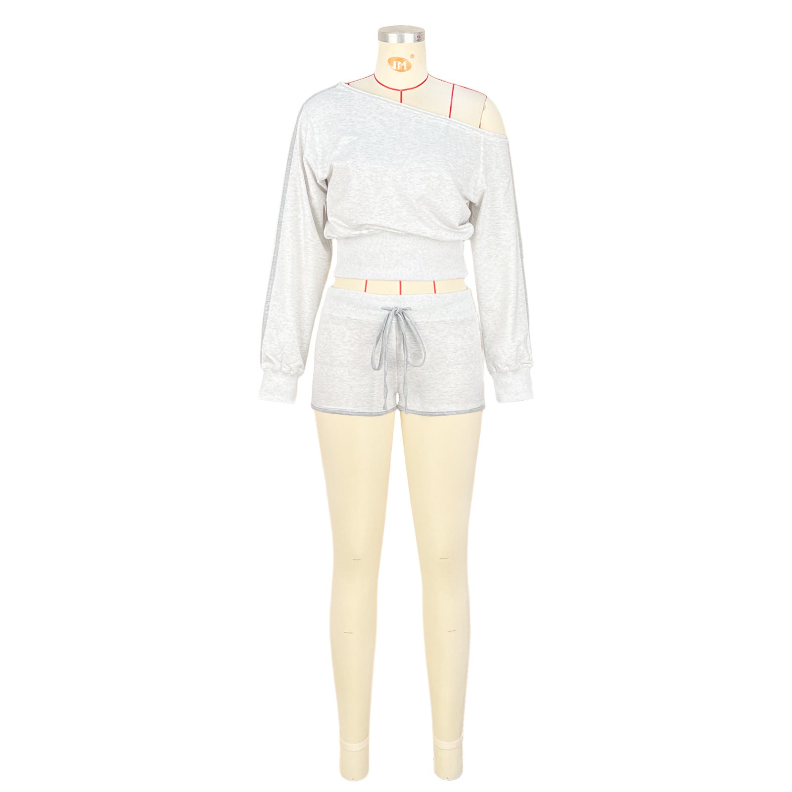 Women's Casual Slash Shoulder Long Sleeve Top Drawstring Shorts Two-Piece Set 8