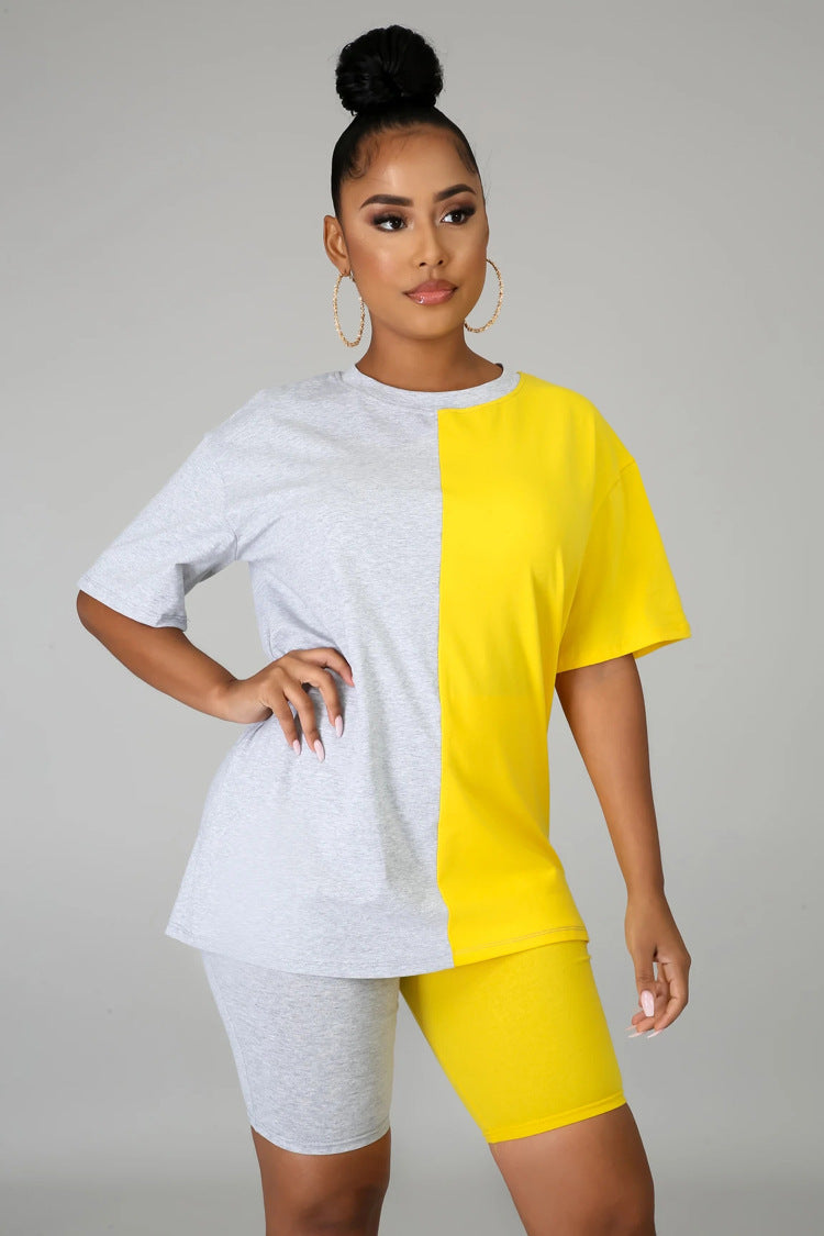 Women Summer Casual Color Block Round Neck Top and Shorts Two-piece Set 3