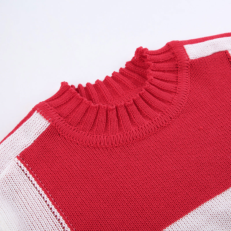 Women Patchwork Contrast Letter Half-High Neck Long Sleeve Crop Sweater 13