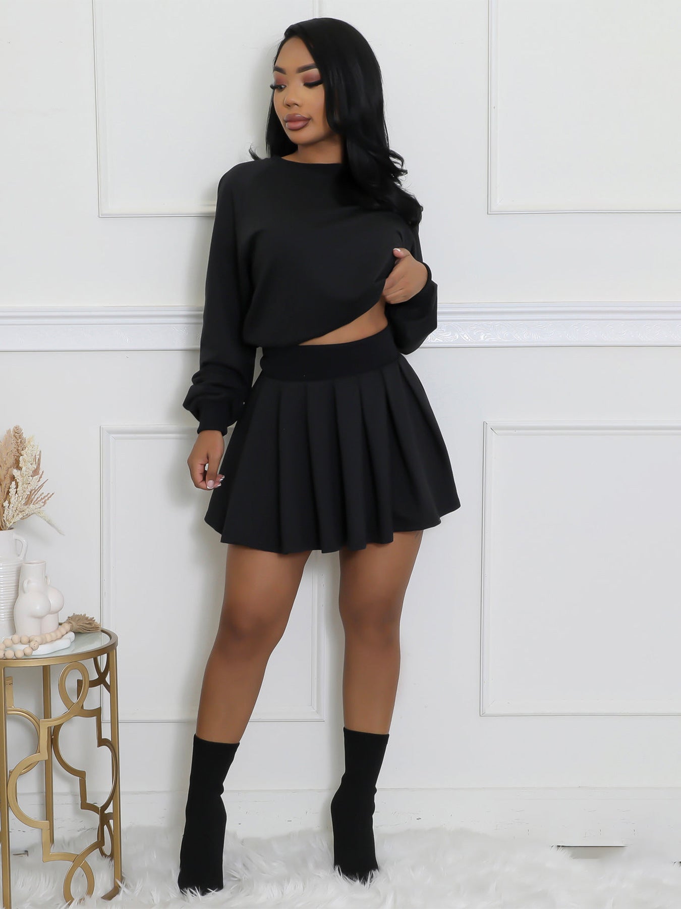 Women Casual Long Sleeve Top Pleated Mini Skirt Two-Piece Set