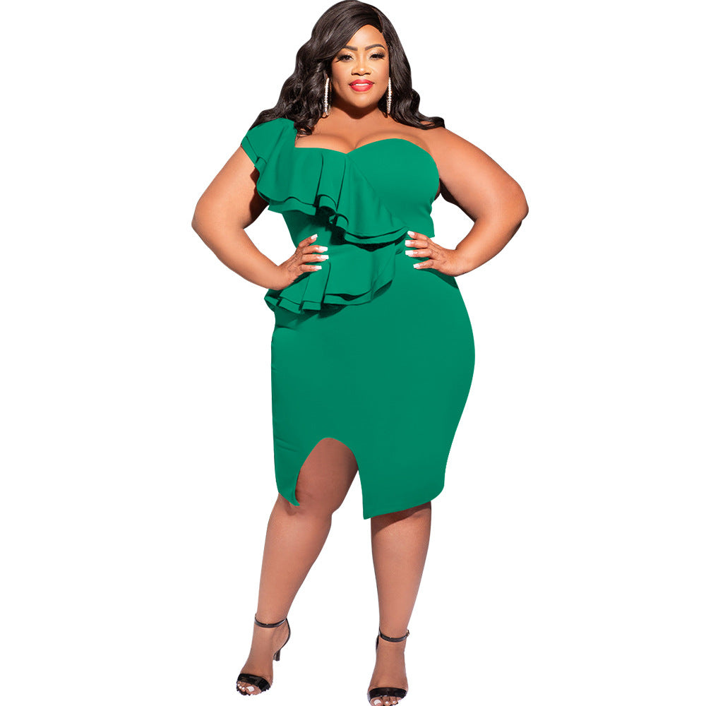 Spring Summer Plus Size Fashion Casual Ruffled Slit One Shoulder Bodycon Slit Dress 15
