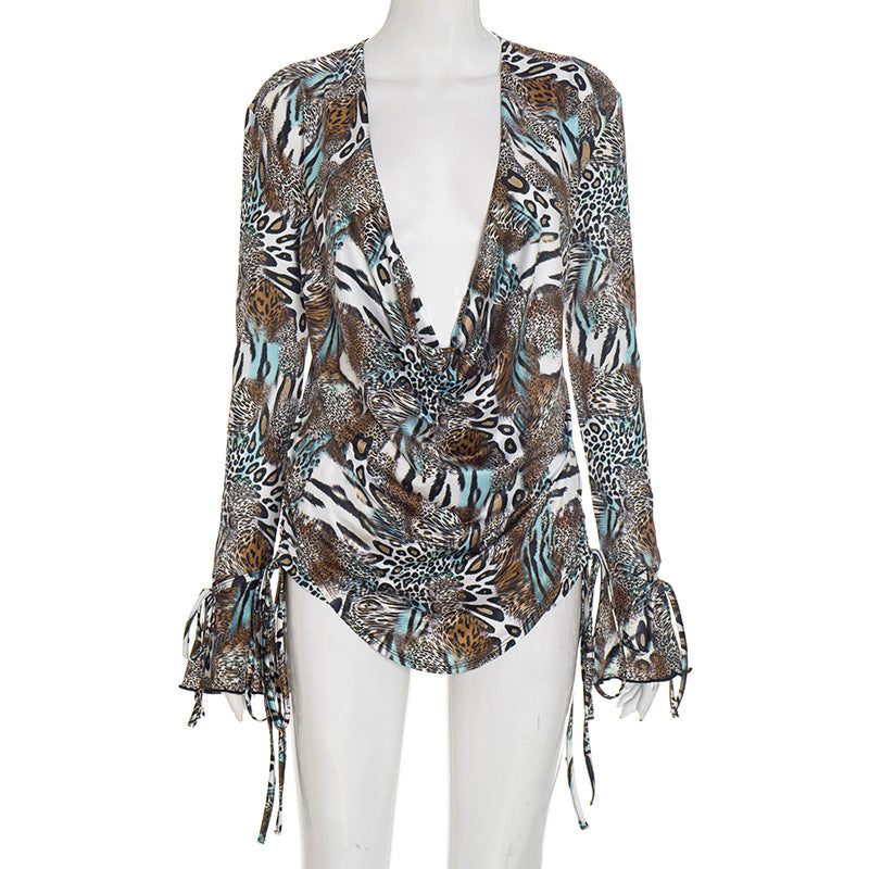 Women Fall Gradient Leopard Print Long-Sleeved Backless Top and Shorts Two-Piece Set 4