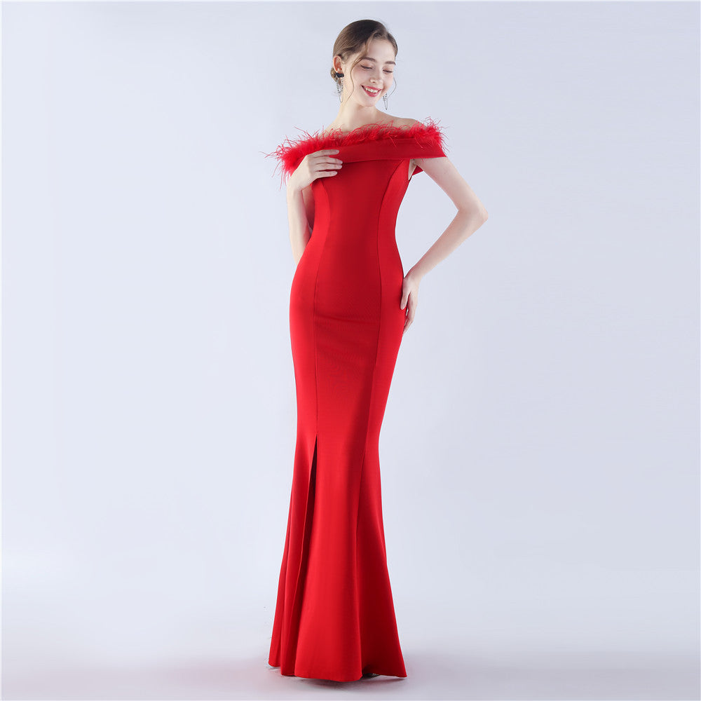 Women Ostrich Feather Off Shoulder Strapless Evening Dress 7