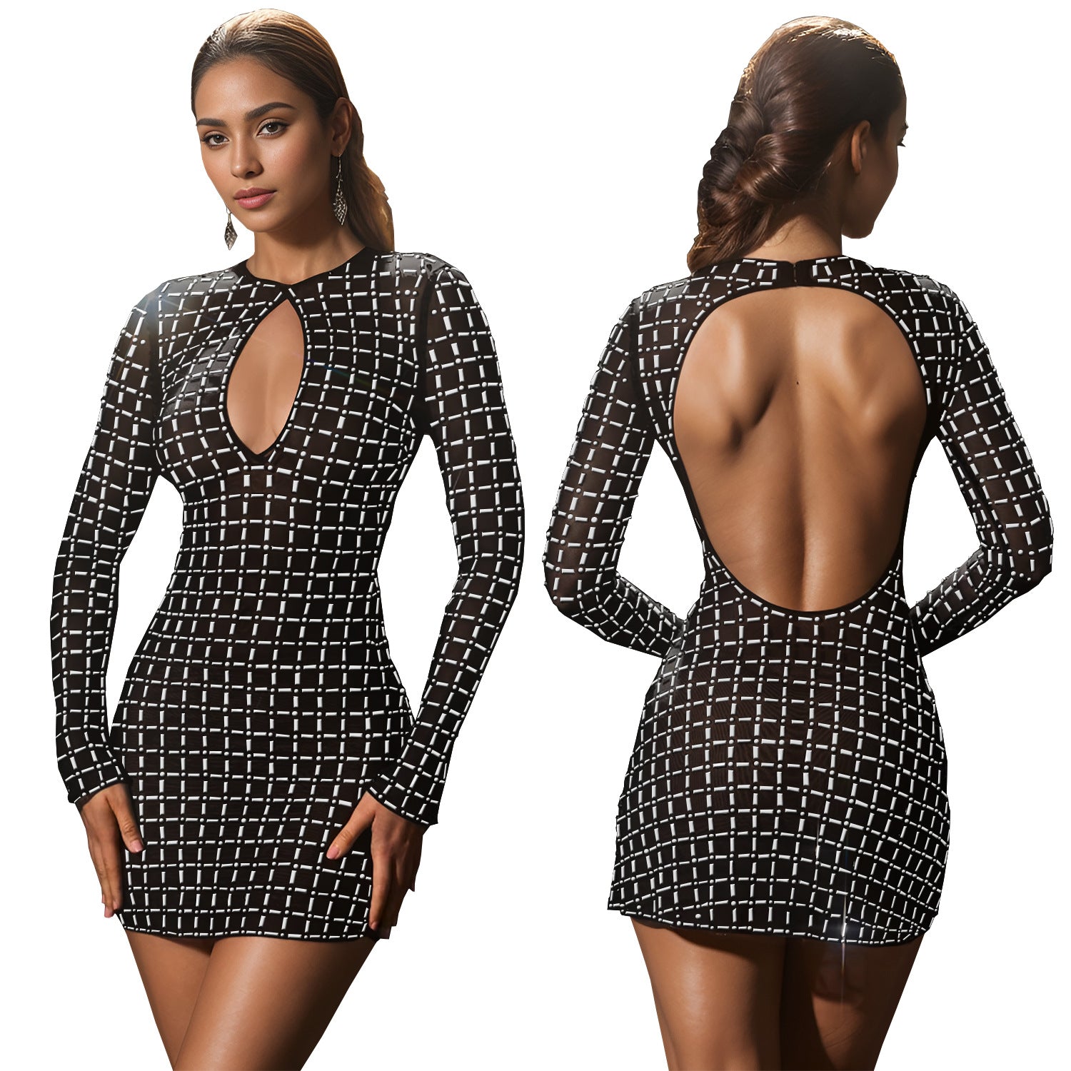 Women Sexy Beaded Long Sleeve Dress 10