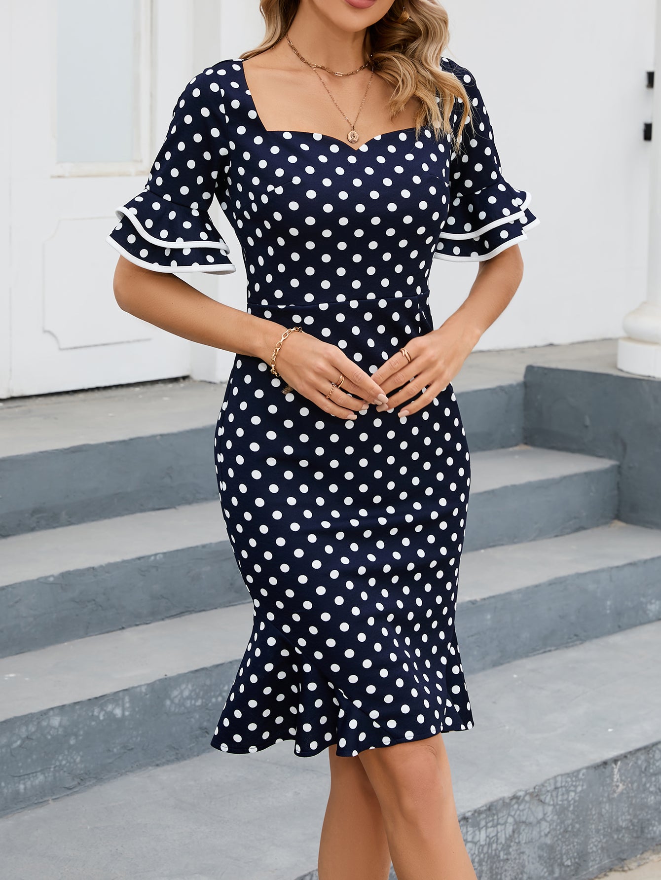 Fashion Elegant Career Ruffle Sleeve Polka Dot Fishtail Dress 4