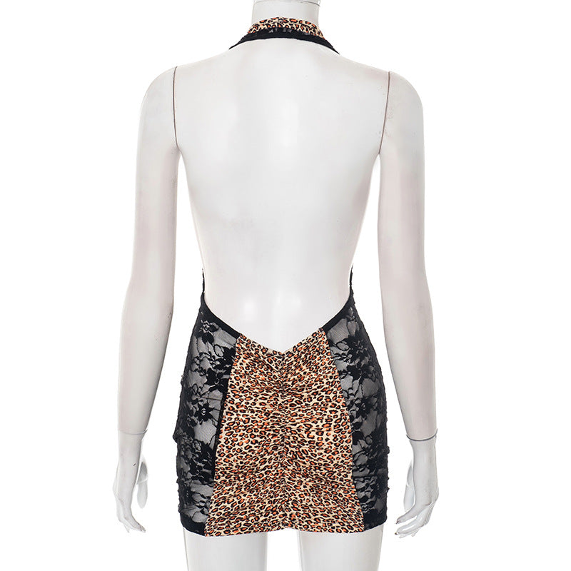 Women's Leopard Print V-Neck Halter Neck Patchwork Lace Bodycon Mini Dress 8