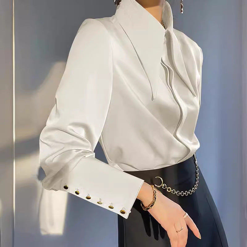 Rib Long-Sleeved Loose Turndown Collar Shirt Top 4