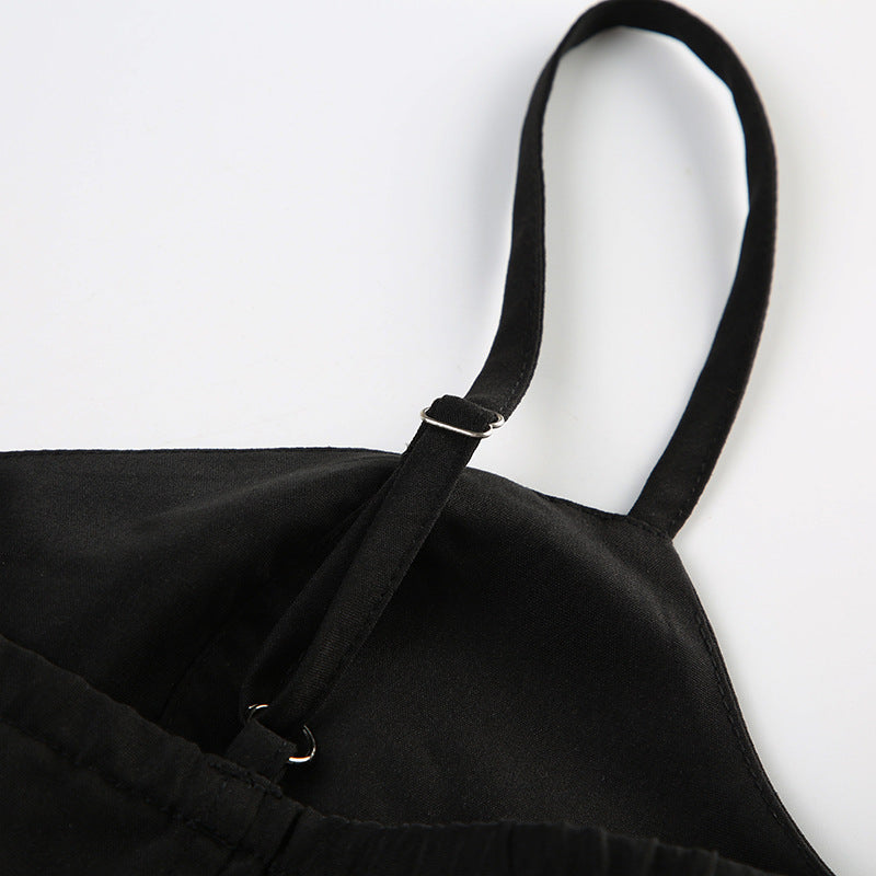 Chic Solid Color Black Strap Slim A-Line Long Dress 8