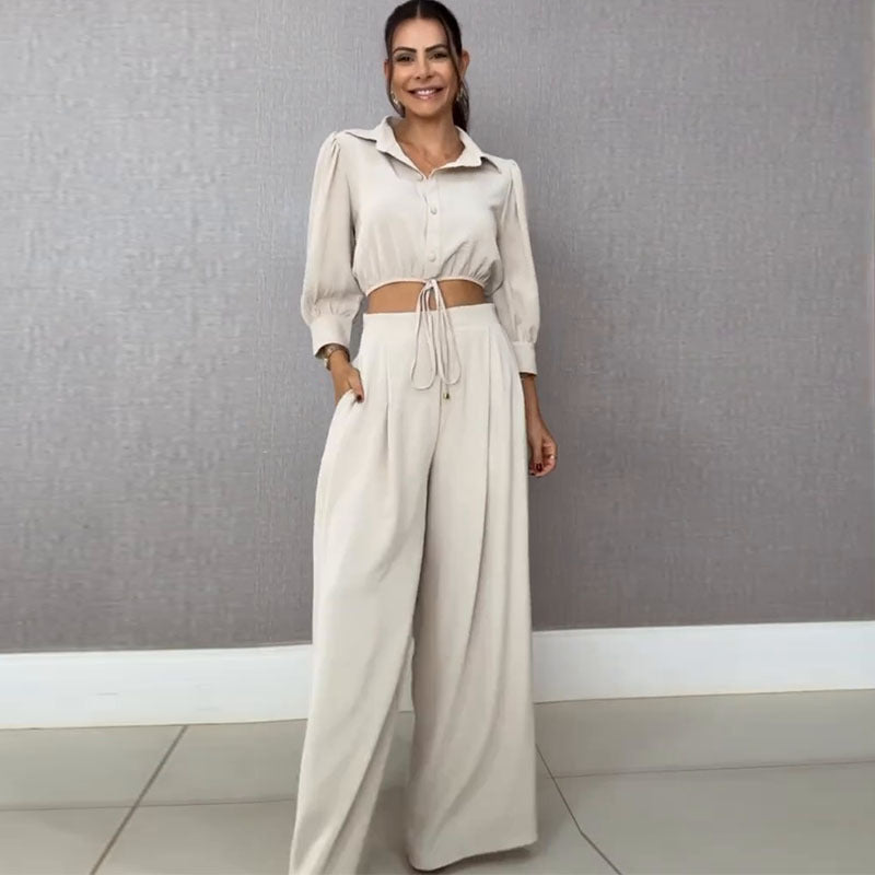 Chic Style Fashion Drawstring Short Shirt Wide-Leg Pants Two Piece Set 3