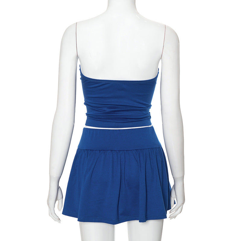 Women's Summer Strapless Low Back Ruffled Casual Two Piece Skirt Set 25